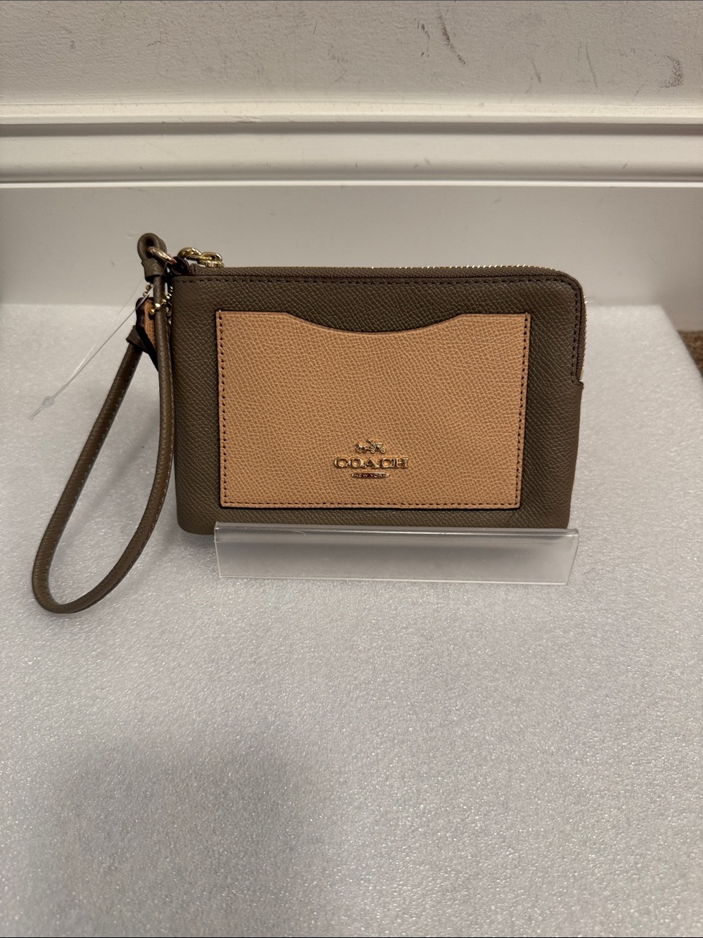 Coach Colorblock Fog Multi Grey and Soft Peach Leather Corner Zip Wristlet